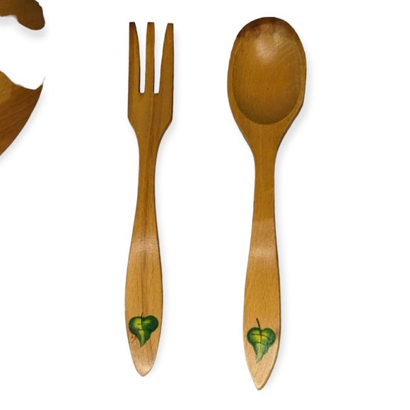 Vintage Wooden Footed Bowl with Matching Utensils - Picture 4 of 9